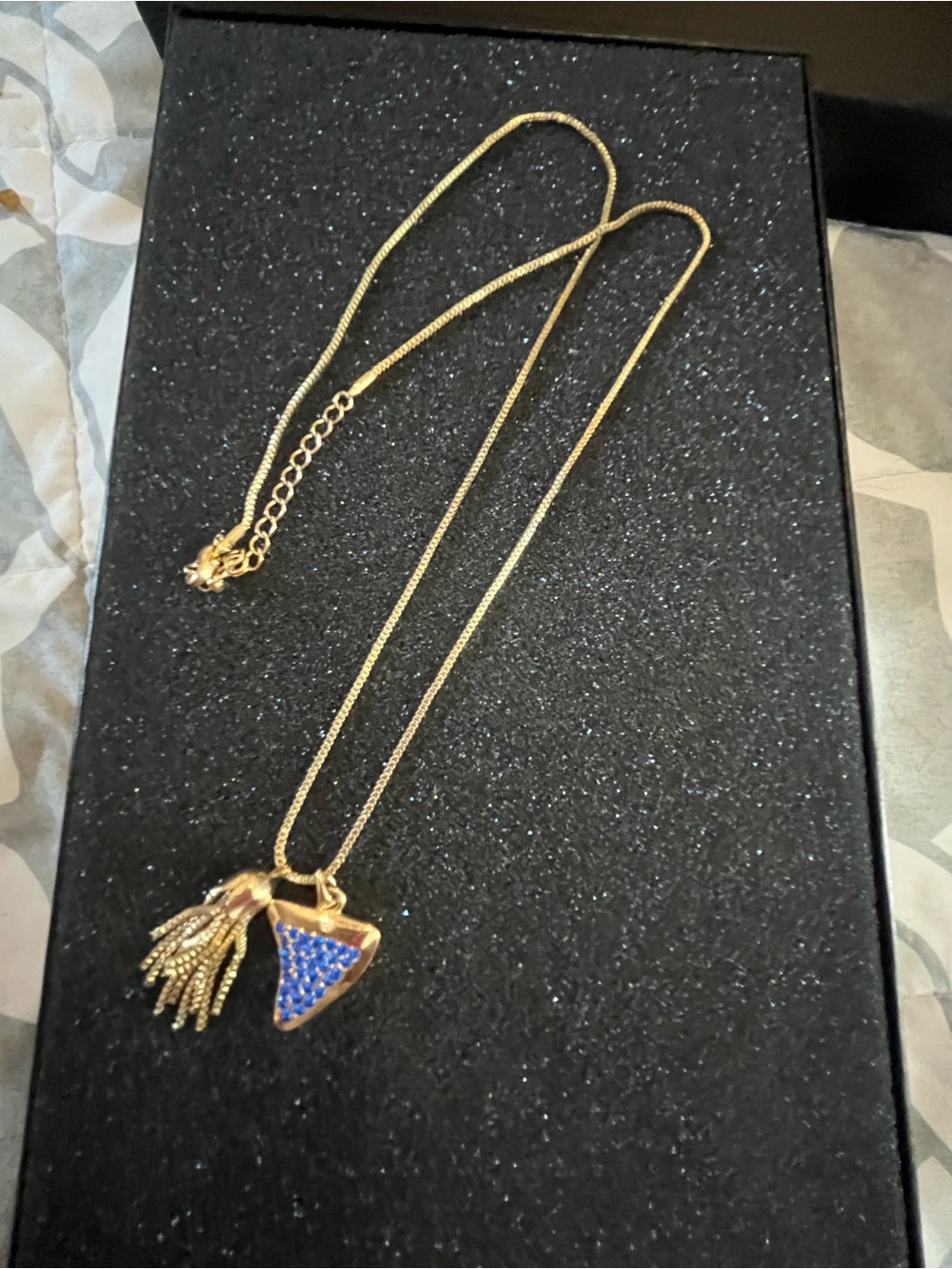 Park Lane Gold-Tone Necklace with Blue Triangle Crystal Pendant and Tassel